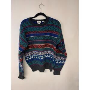 The Lodge Mens Sweater Size M 100% Shetland Wool 90s Ski Fair Isle Nordic Multi